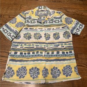 Alia Women’s Size 10 Yellow Blue Floral Striped Button Front Blouse Short Sleeve